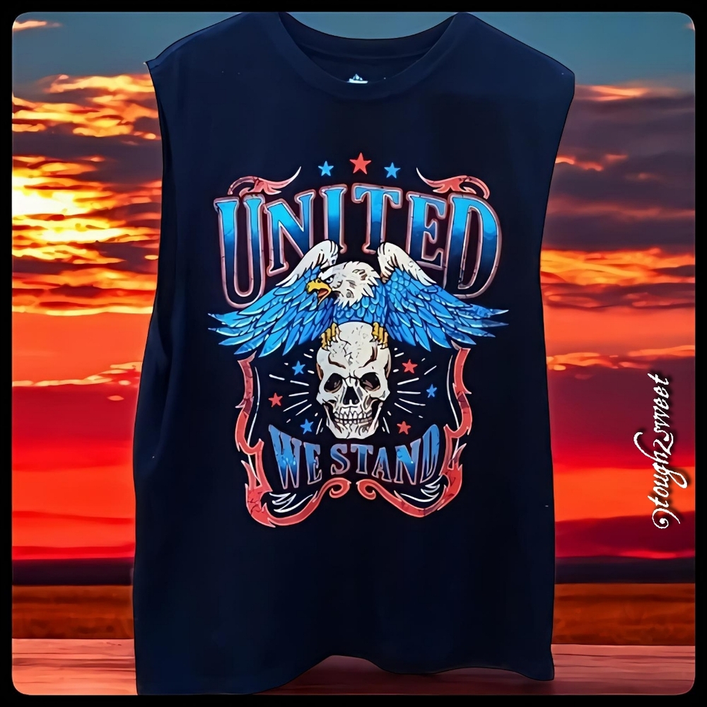 NWOT!! VINTAGE "1974" MEN'S XL BLACK "UNITED WE STAND" WITH SKULL & EAGLE